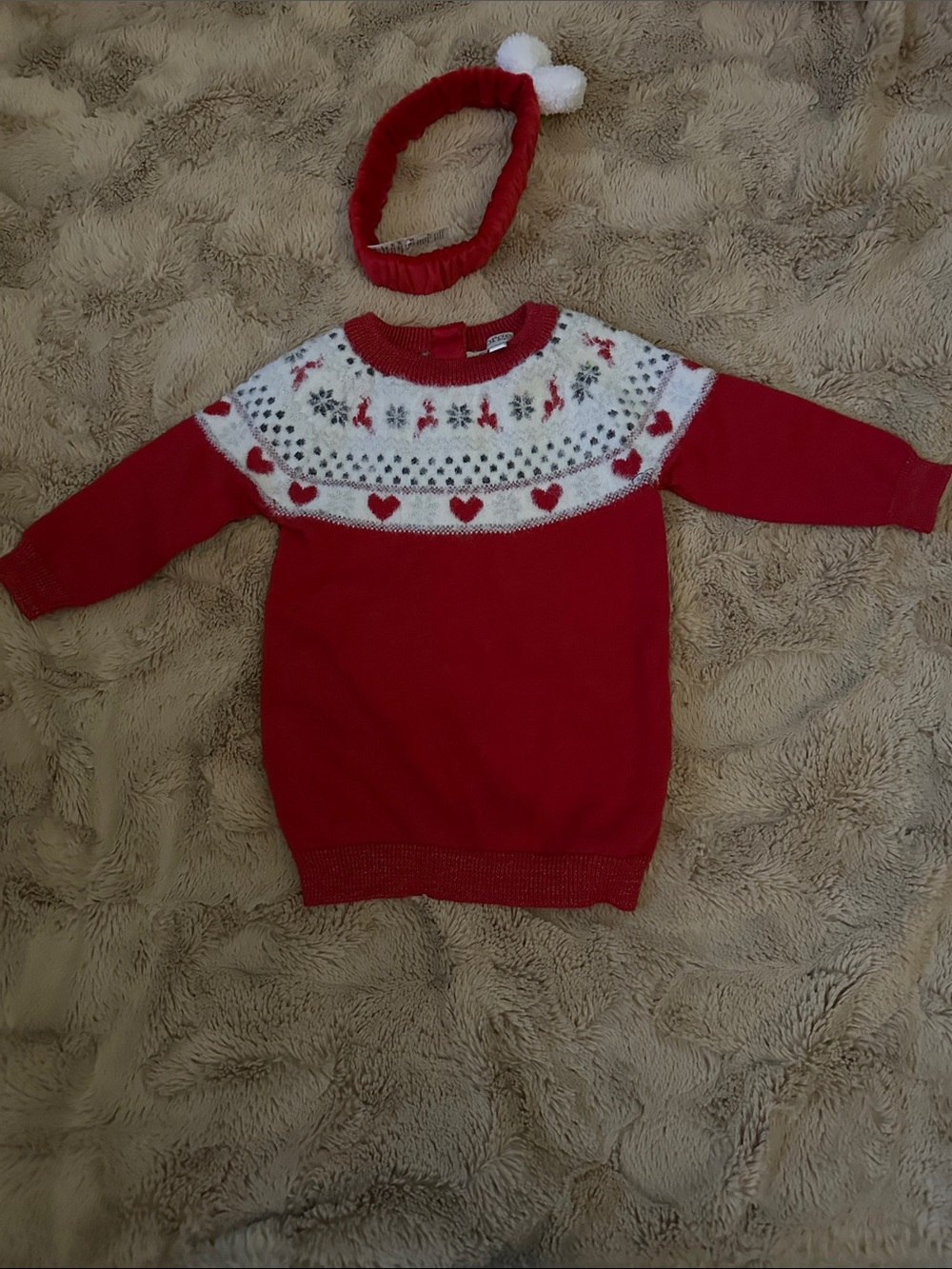 George Red & White Heart Yoke Holiday Sweater with Headband